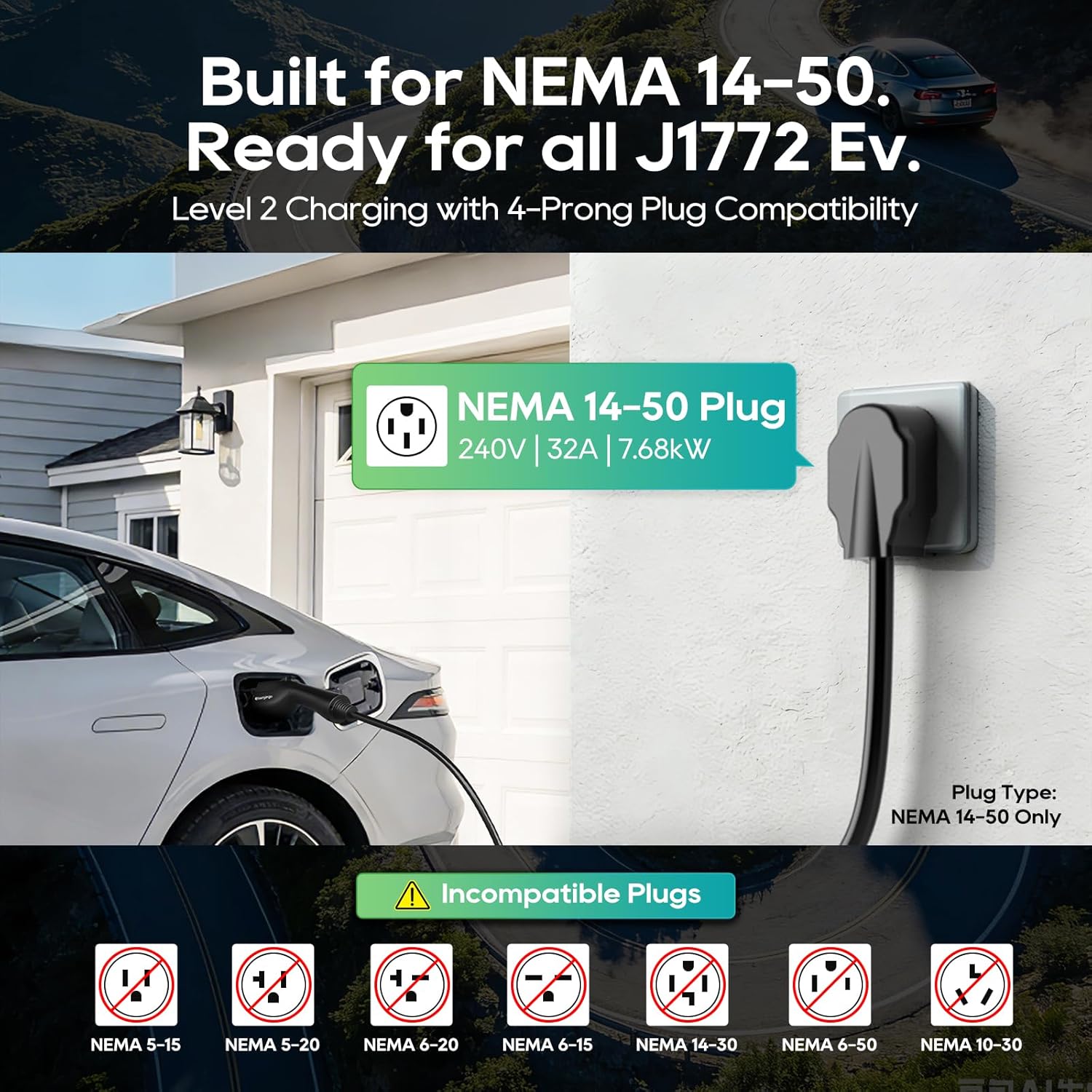 Tesla Portable Level 2 EV Charger 32A NEMA 14-50, 25ft SAE J1772 Adjustable