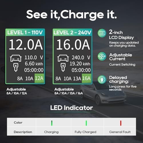 Tesla Portable EV Charger Level 1/2, 16A NEMA 6-20 & 5-15, 25ft NACS