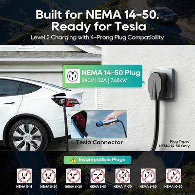 Portable Level 2 Tesla EV Charger 32A NEMA 14-50, 25ft NACS Adjustable