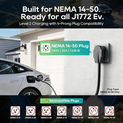 Tesla Portable Level 2 EV Charger 32A NEMA 14-50, 25ft SAE J1772 Adjustable