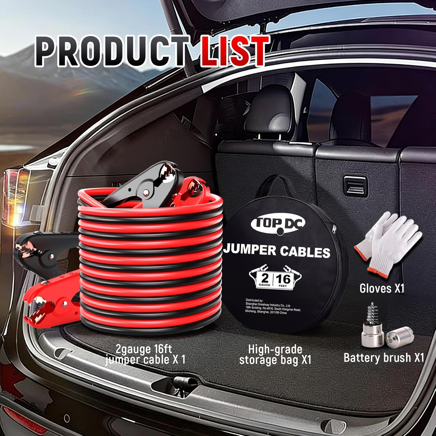 TOPDC 2 Gauge 16 Feet Jumper Cables for Car, SUV and Trucks Battery with Carry Bag