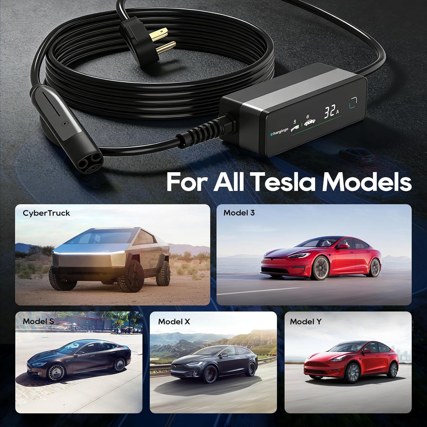 Portable Level 2 Tesla EV Charger 32A NEMA 14-50, 25ft NACS Adjustable