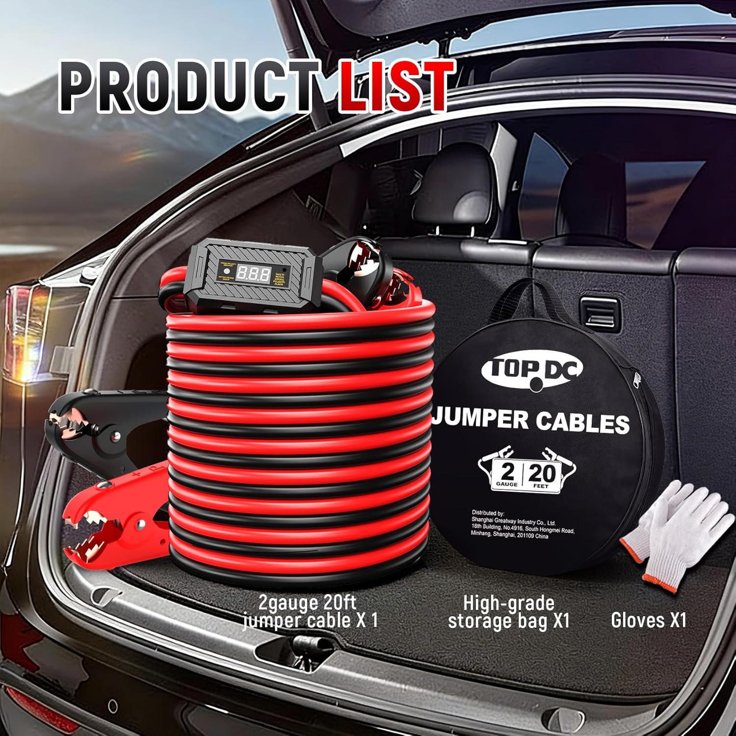 TOPDC 2 Gauge 20 Feet Jumper Cables with Reverse Polarity Protection with Carry Bag